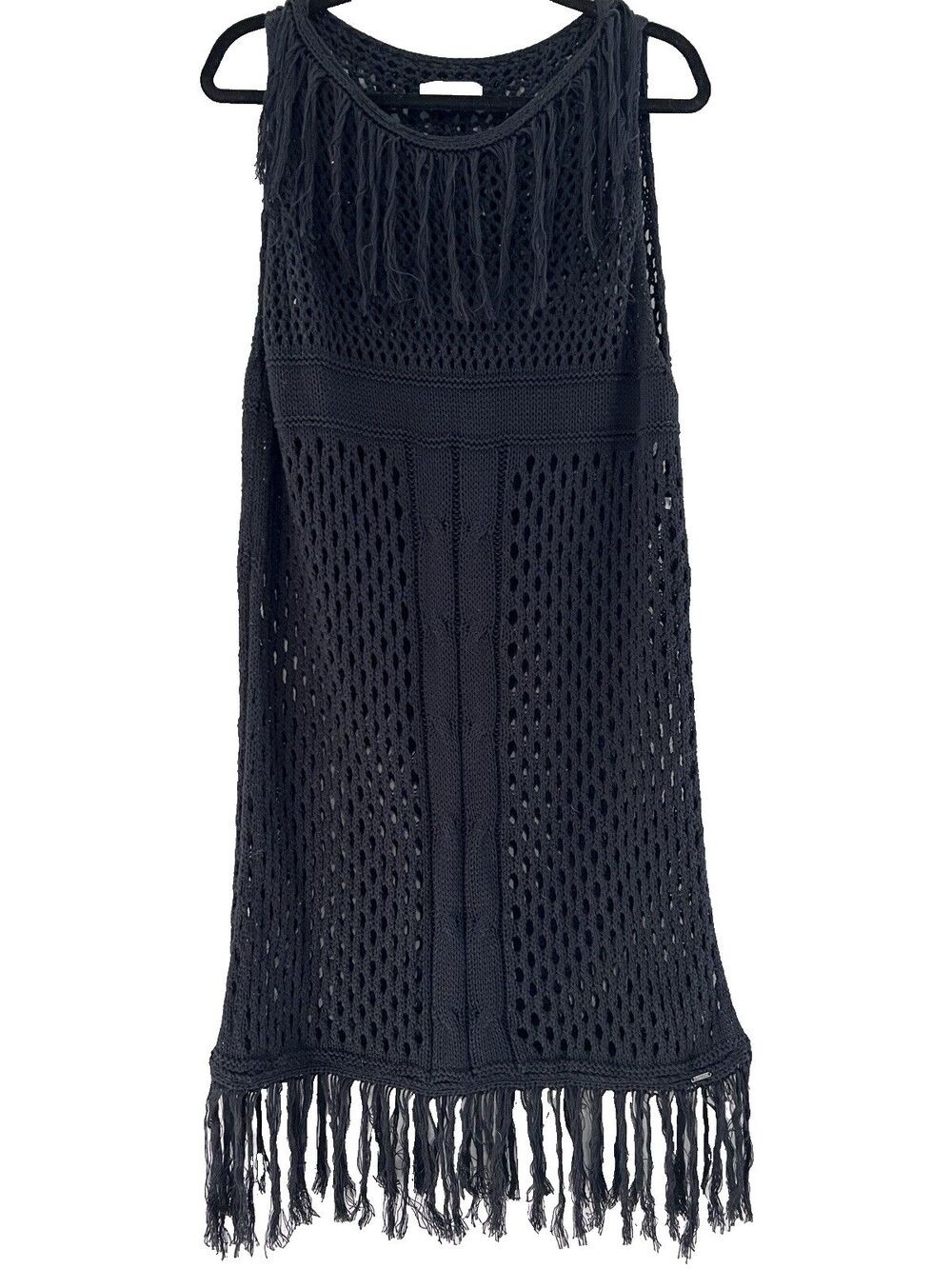 Aggel Knitwear Women’s L Black Open Knit Dress Crochet Fringed Swim Cover NWOT